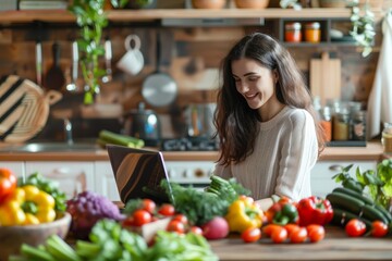 Young Woman Sits With A Laptop At A Table In The Kitchen Surrounded By Greens And Vegetables. Concept Macrobiotic Diet - obrazy, fototapety, plakaty