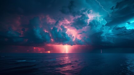 A beautiful blue sky with a stormy ocean and a few lightning bolts. The sky is filled with a mix of blue and purple clouds, creating a dramatic and moody atmosphere - obrazy, fototapety, plakaty