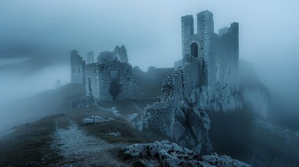 A foggy mountain with a castle in the distance. The castle is old and abandoned. The sky is overcast and the air is chilly