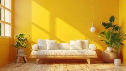 A bright yellow wall with wooden furniture and decorative plants