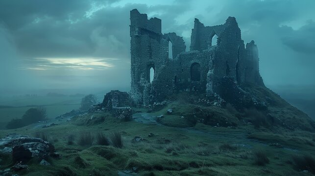 A castle is on a hill with a foggy sky. The castle is old and abandoned. Scene is eerie and mysterious