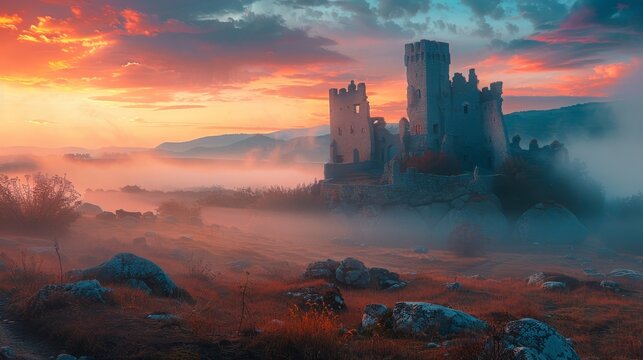 A castle is in the distance with a foggy sky. The castle is surrounded by a rocky field and the sky is a mix of orange and pink hues