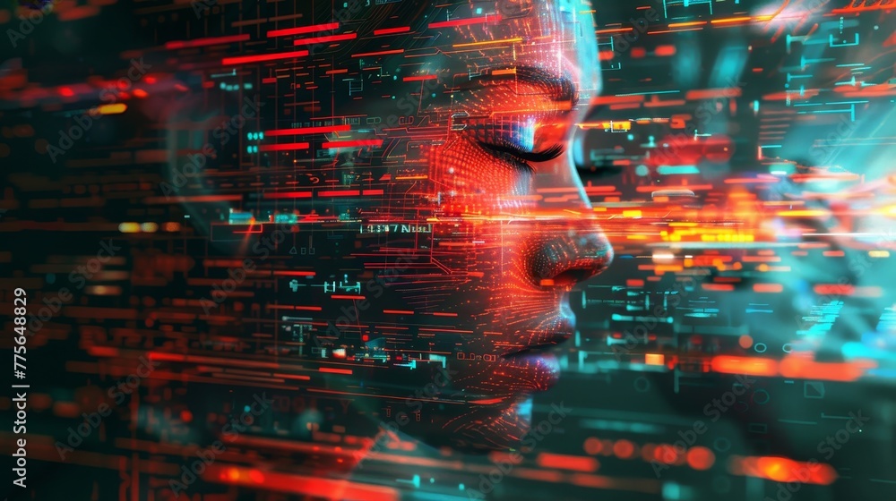 Poster a woman's face is shown in a computer generated image with a lot of red and blue lines. the image is