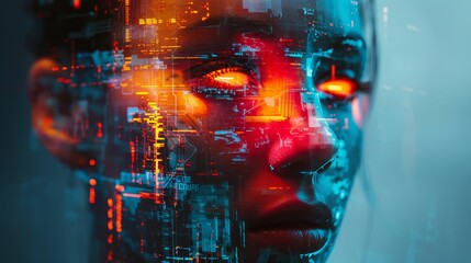A woman's face is shown in a computer generated image with a red and orange glow. The image is abstract and futuristic, with a sense of technology and artificial intelligence