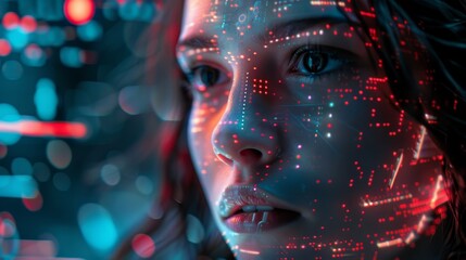 A woman's face is projected onto a screen with a lot of dots and lines. The image has a futuristic and technological feel to it