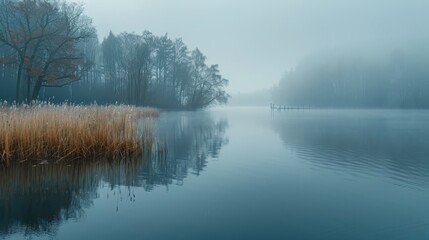 A foggy morning with a lake in the background. The water is calm and the trees are bare