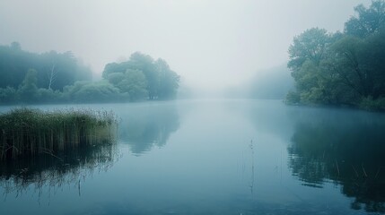 A foggy morning with a lake in the background. The water is calm and still, with some plants growing along the shore. The atmosphere is peaceful and serene