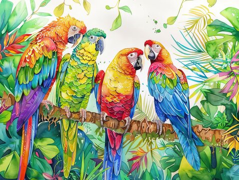 Exotic birds vivid watercolor coloring page, parrots