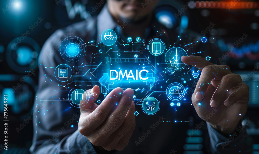 Poster a business professional presents a holographic display showcasing dmaic (define, measure, analyze, i