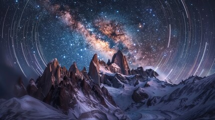 The sky is filled with stars and a large mountain range is visible in the background. The stars are scattered throughout the sky, creating a sense of depth and vastness - obrazy, fototapety, plakaty