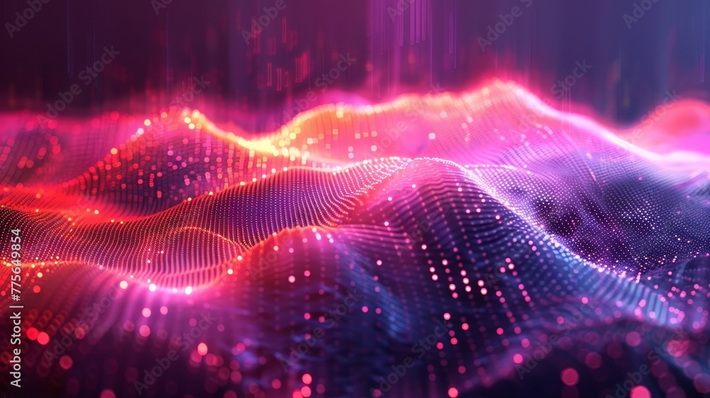 Poster a colorful, abstract image of a wave with a pink and purple hue. the image is full of dots and he is