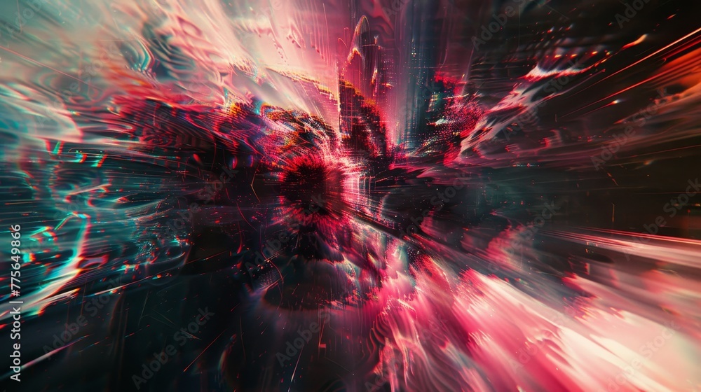 Poster a blurry image of a colorful explosion with a red and blue swirl. the image is abstract and has a se