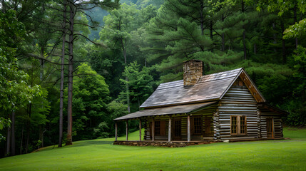 Fototapeta na wymiar Rustic log cabin nestled amidst lush forest: A depiction of tranquil wilderness living