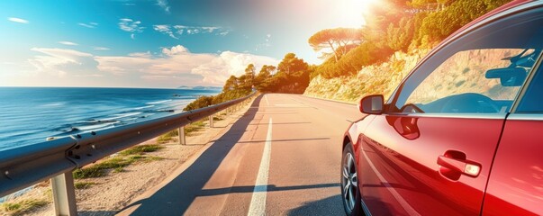 car driving on the summer road near ocean side. vacation sunny road car concept. banner