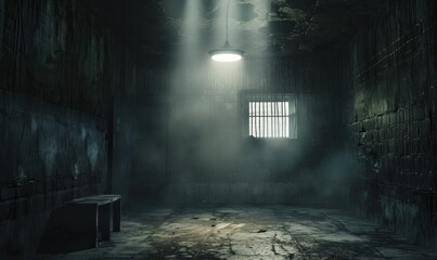 Fototapeta na wymiar Interrogation room with small light overhead. Dark Interrogation theme
