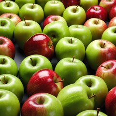 Red apple on green apples background. Top view. Healthy food concept.