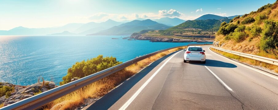 car driving on the summer road near ocean side. vacation sunny road car concept. banner