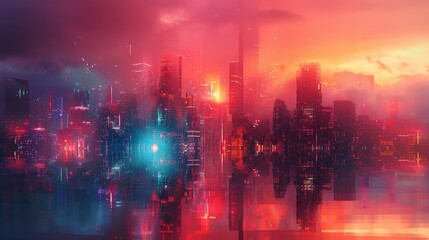 Fototapeta premium A cityscape with a red and blue sky with a sunset in the background. The city is lit up with neon lights and the reflection of the city can be seen in the water. Scene is vibrant and energetic