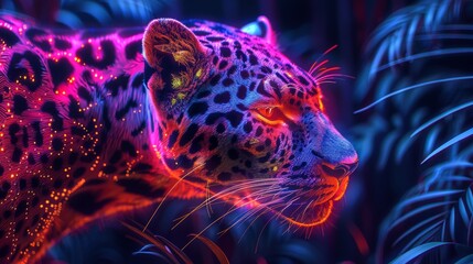 A colorful leopard with glowing eyes and a glowing nose. The image is a digital art piece that creates a sense of wonder and fascination with the beauty of the animal - obrazy, fototapety, plakaty