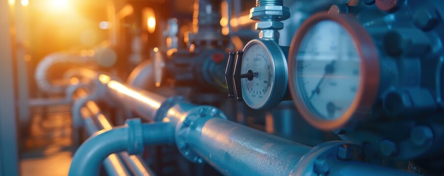 System pressure gauge close up . Boiler and valve expansion tank system