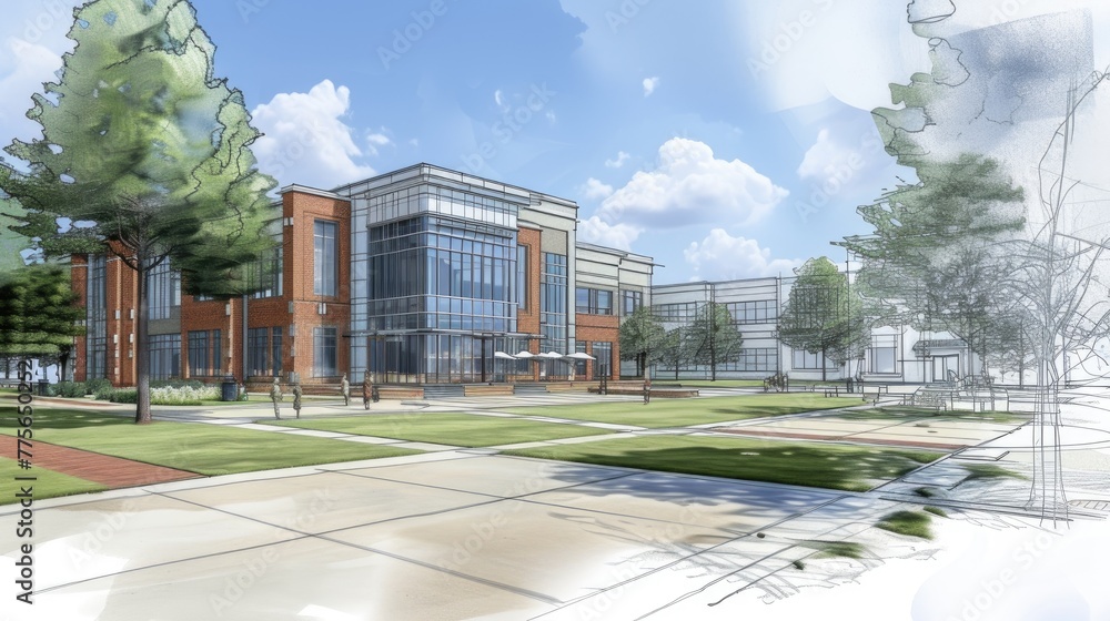 Poster Architectural renderings, construction plans, and project timelines illustrating the development process from concept to completion