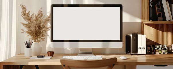 Blank screen desktop computer on white table with green plants on sides. banner.