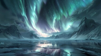 A beautiful and serene landscape with a large body of water and mountains in the background. The sky is filled with auroras, creating a sense of wonder and awe