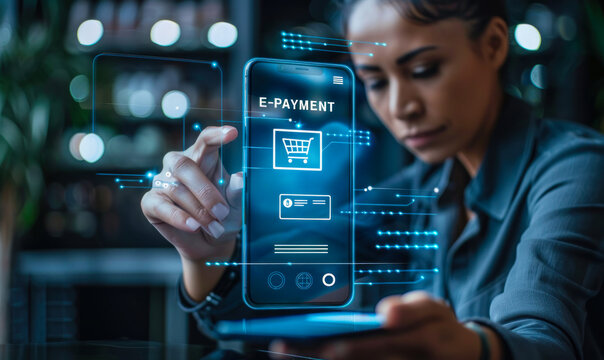 Person holding smartphone and e-payment application, concept of secure and convenient digital payment methods by mobile technology and financial platforms for seamless transactions in cashless society