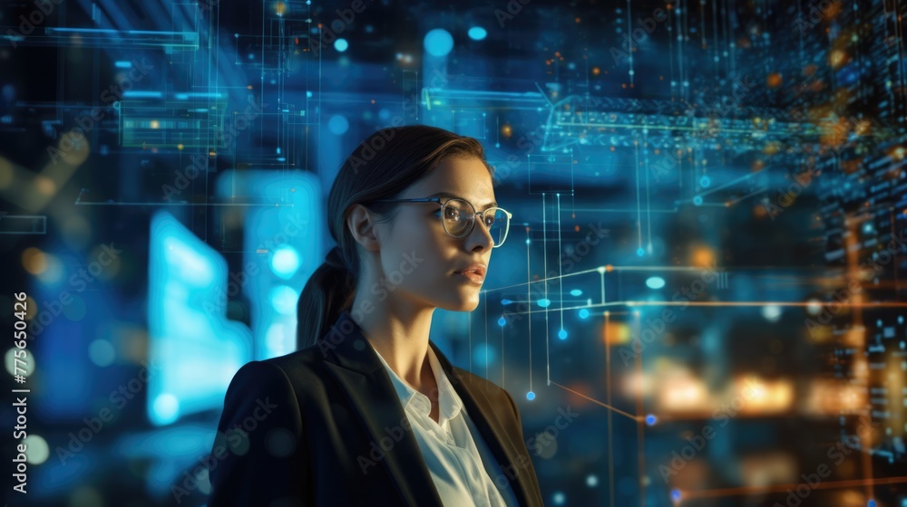 Poster tech analyst study cyber data chart from corporate system for statistical analytic defining marketin
