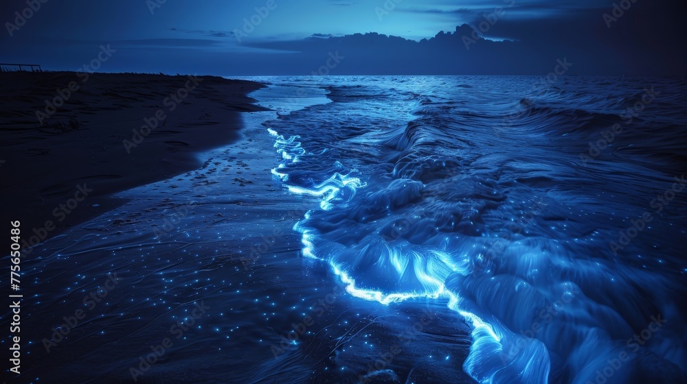 Poster the ocean is lit up with blue light, creating a serene and calming atmosphere. the water is calm and