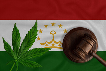 Cannabis leaf and judge gavel on the Tajikistan flag background