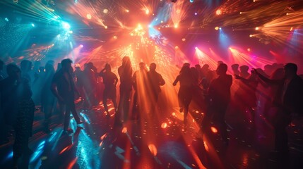 A group of people are dancing in a club with colorful lights. Scene is energetic and lively