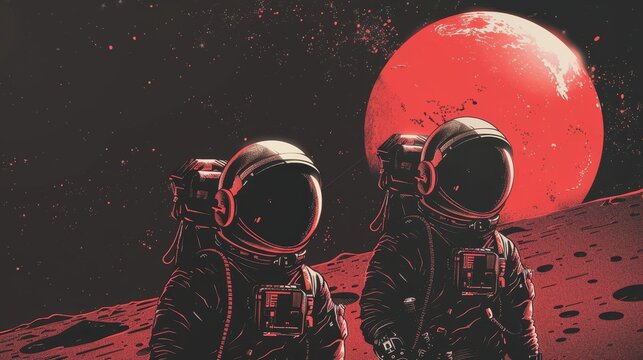 Two astronauts are standing on a red planet with a large red moon in the background. The image has a futuristic and adventurous mood