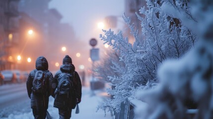 Two people walking in the snow with backpacks - obrazy, fototapety, plakaty