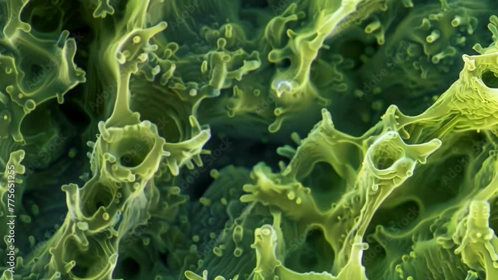 Poster a scanning electron microscope image of multiple algal cells resembling a mini forest of slender gre