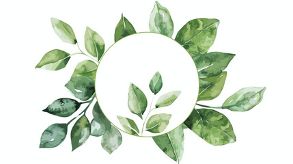 Round watercolor template with green leaves 