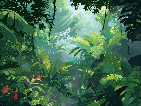 background, A lush jungle with exotic plants and wildlife, in the style of animated illustrations, background, text-based