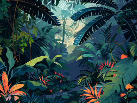 background, A lush jungle with exotic plants and wildlife, in the style of animated illustrations, background, text-based