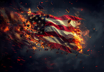 American Flag Burning On Black Background