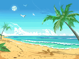 Fototapeta na wymiar background, A sandy beach with palm trees swaying in the breeze, in the style of animated illustrations, background, text-based