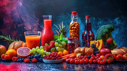 Vivid tableau of acidic foods to avoid, with each item dramatically lit against a dark background, highlighting the danger to GERD sufferers - obrazy, fototapety, plakaty