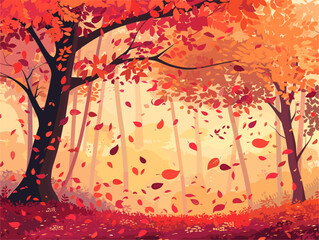 background, A vibrant autumn forest with leaves of red, orange, and gold, in the style of animated illustrations, background, text-based