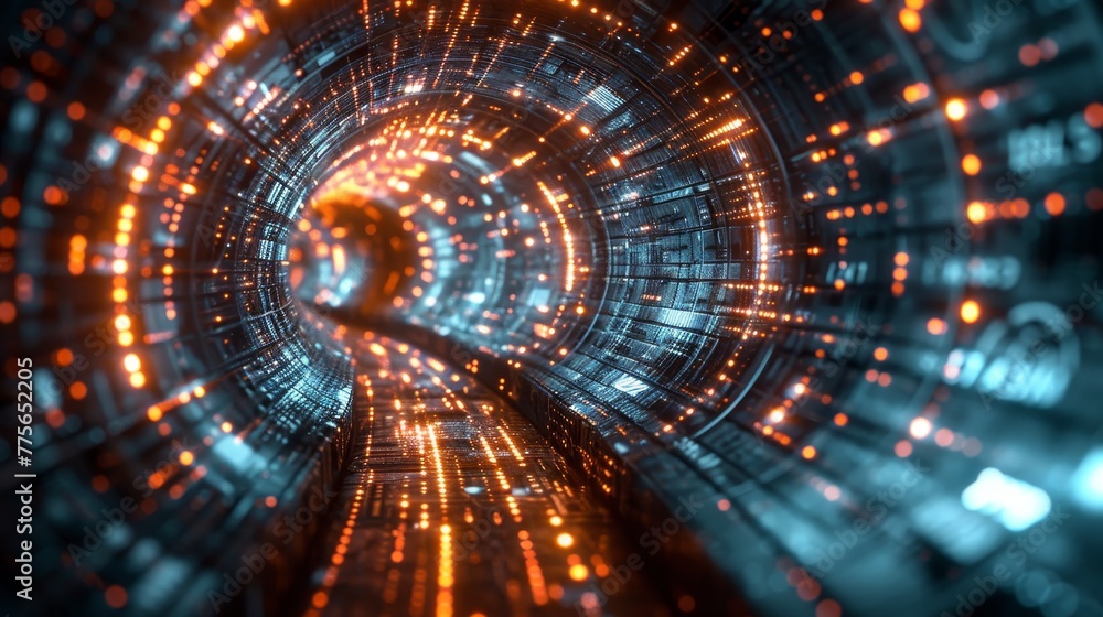 Poster a tunnel with a blue and orange glow. the tunnel is filled with lights and it looks like a computer 