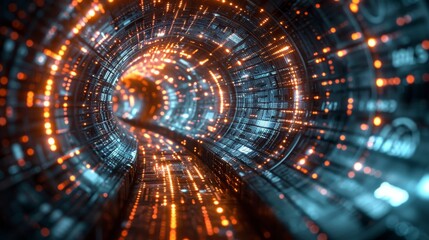 Obraz premium A tunnel with a blue and orange glow. The tunnel is filled with lights and it looks like a computer network