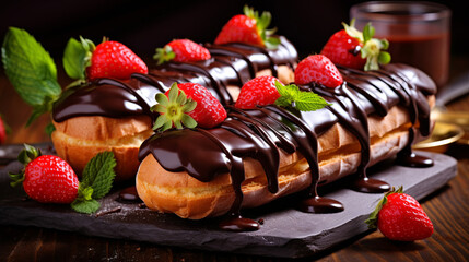 Close-up of two appetizing eclairs covered with chocolate glaze and decorated with fresh strawberries on a black stone board