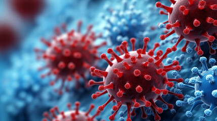 Close up macro details of red blue microbes molecules virus bacteria. Coronavirus outbreak COVID-19. Medicine concept --ar 16:9 --v 5.2 Job ID: bbe57e9e-133a-4fa9-b179-d3d9424159cd