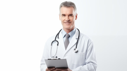 Doctor with stethoscope In hospital on white background with text space