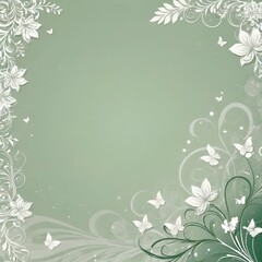 green background with white flowers and butterflies with copy space