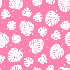 Monstera palm leaf seamless pattern. Vector cute pink tropical leaves print for fabric, fresh summer decor, funny wrapping paper.