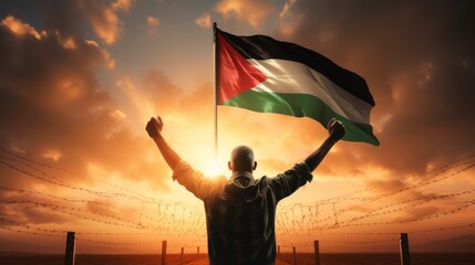 Happy man holding Palestine flag in the sunset sky freedom and patriotism concept - obrazy, fototapety, plakaty
